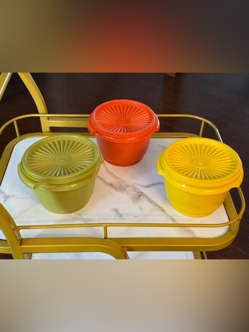 Tupperware Retro Set of 3 Round Containers in Olive Green, Orange, Yellow